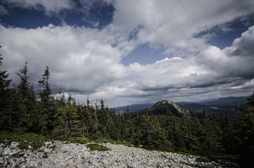 Fototapeta na wymiar Carpathian mountains summer landscape with dramatic sky and rocks