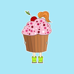 A girl holding a plate of pastries, cupcakes. The concept of delivery, birthday, healthy lifestyle, handmade. Hand drawn vector for logo or business cards for a bakery, cafe.