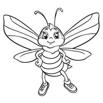 Cute bee flies. Isolated on a white background. Outlined for coloring book.