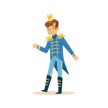 Cute little boy wearing a blue prince costume, fairytale costume for party or holiday vector Illustration