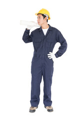 Worker holding blueprint on white