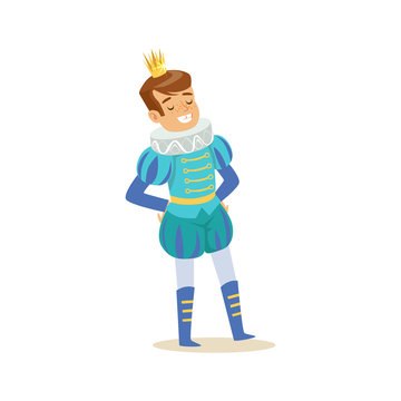 Cute little smiling boy wearing a blue prince costume, fairytale costume for party or holiday vector Illustration