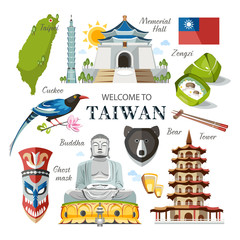 Taiwan set of traditional Taiwanese objects architecture food religion symbols buildings