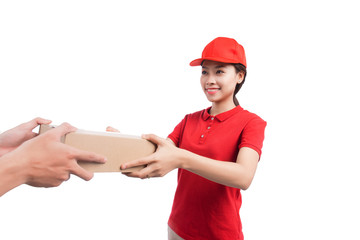 Portrait of delivery woman service happily delivering package to costumer