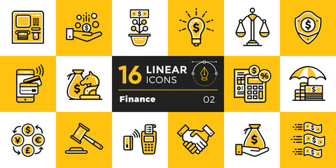 Fototapeta premium Vector linear icons set of finance, banking. High quality modern icons suitable for print, website and presentation