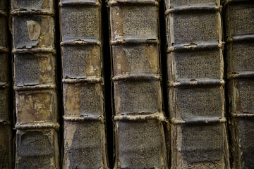 Dorso di libri antichi su scaffale