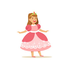 Beautifull little girl princess in pink ball dress and golden tiara, fairytale costume for party or holiday vector Illustration