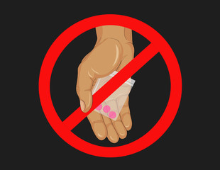 Concept without drugs. Decline the tablets. The hand gives drugs. Vector. Poster 