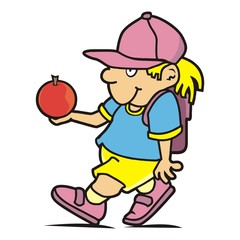 Schoolgirl with satchel and apple, vector illustration