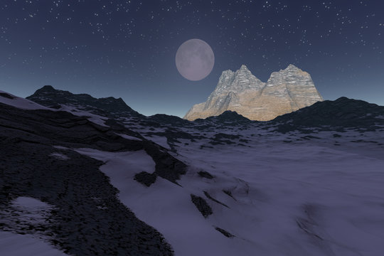Moonlight, a night landscape, a snowy mountain, rocky peak and a sky with stars.
