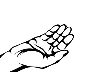 Gesture open palms. Hand gives or receives. Contour graphic style. Black and white. Vector illustration on white background. Empty space for advertising