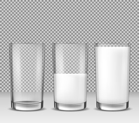 Set of vector realistic illustrations, isolated icons, glass glasses empty, half full and full of milk, dairy product, yogurt, kefir, protein cocktail. Print, template, design element
