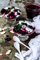 Vanilla ice cream with blueberries on the black background, top view