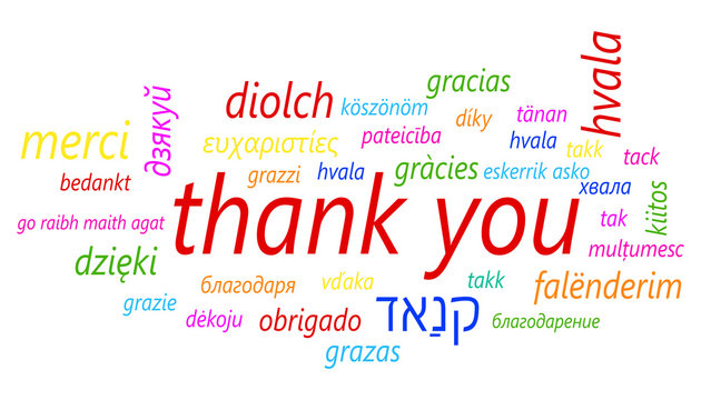 Colorful thank you in many languages vector icon. Global thank you text flat vector illustration. Business concept pictogram on white background.