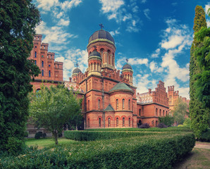 Obraz premium Famous orthodox Church of the Three Saints in Chernivtsi city, Ukraine in the yard of Chernivtsi National University