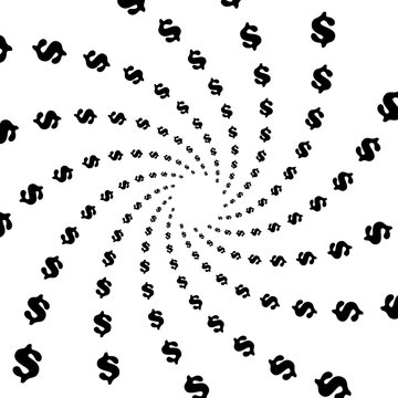 Background, pattern, black and white spiral pattern. Round centered Halftone illustration. Dollar, rotation, business, finance