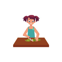 Little girl helping mother with cooking, cutting, slicing cucumber for salad, cartoon vector illustration isolated on white background. Cartoon girl cutting cucumber, helping mother with cooking