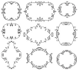 Set of hand drawn frames with vignette, branches leaves, berries.