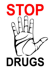 No Drugs. The hand shows a gesture of stop. Vector. Poster 
