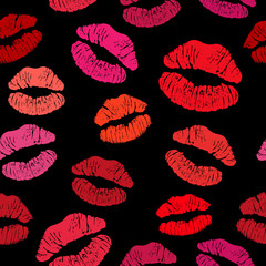 Red lipstick kiss seamless pattern, female lips on black background. Vector