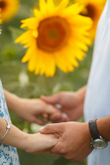 Couple in love in the field of romantic sunflowers