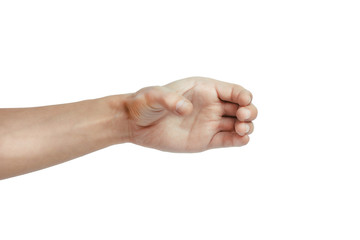 man hand holding something like a bottle on white background
