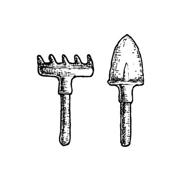 Garden tool and farming instrument - scoop and rake. Farming equipment sketch illustration. Vector