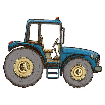Farming tractor, colorful sketch illustration. Farming agricultural machine. Vector