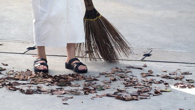 Old Woman Is Sweeping Dry Leaf.