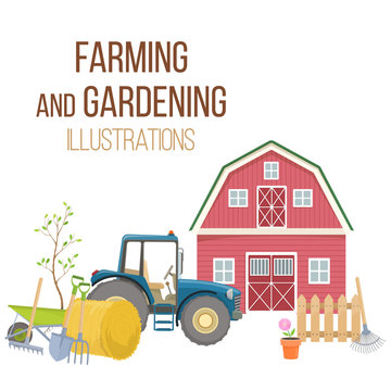 Set of colorful farming equipment icons. Farming tools and agricultural machines decoration. Vector