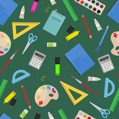 Seamless background of different stationery supplies. Vector