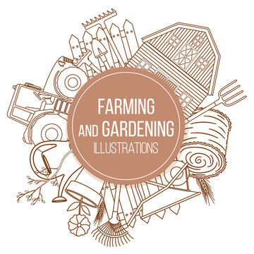 Set of farming equipment liine icons. Farming tools and agricultural machines decoration. Vector