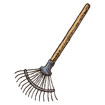 Garden tool and farming instrument - fan rake. Farming equipment, sketch illustration. Vector