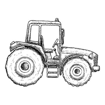 Farming tractor, sketch illustration. Farming agricultural machine Vector