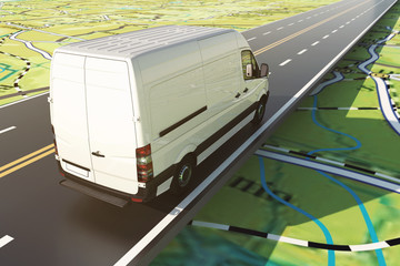 Delivery van runs along the highway on a road map. 3D Rendering © alphaspirit
