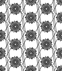 Obraz premium Vector seamless pattern. Stylish textile print with abstract black flowers on geometric grif. Oriental floral fabric background. Hexagonal monochrome swatch.