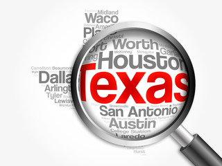 List of cities in Texas USA state word cloud map with magnifying glass, concept 3D illustration