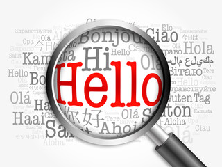 Hello word cloud in different languages of the world with magnifying glass, background concept 3D illustration