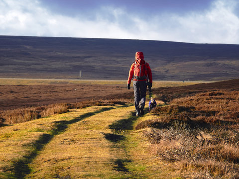 A hiker exploring the English Countryside, Muggleswick Common near Edmundbyers, England UK.