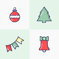 Christmas and New Year thin line decoration: bell, decorative ball, garland for web page, banner, invitation, greeting card, print media. Vector illustration.