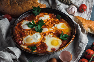 Shakshuka with pita bread in a pan. Fried eggs, onion, bell pepper, tomatoes and parsley on a rustic wooden table with ingredients.