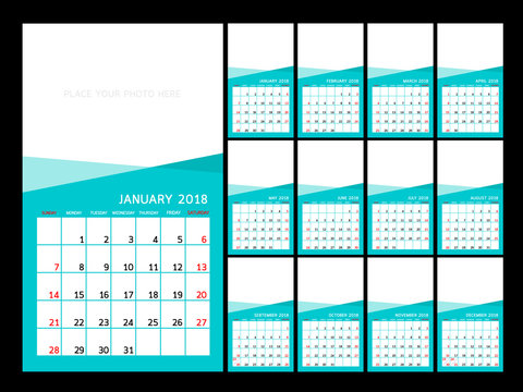 Calendar year design.  Vector  illustration Template. Set of twelve Months. Week Starts Sunday.