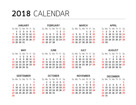 Calendar Year design on White Background. Week Starts Sunday. Simple Vector Template.