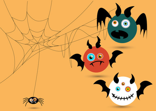 Happy Halloween. modern tree bat and spider on orange background. vector illustration.