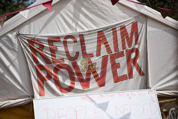 blackpool, england, 31/07/2017 Anti shale gas fracking protestors signs outside the cuadrilla...