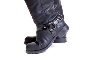 Two leather boots on white background closeup