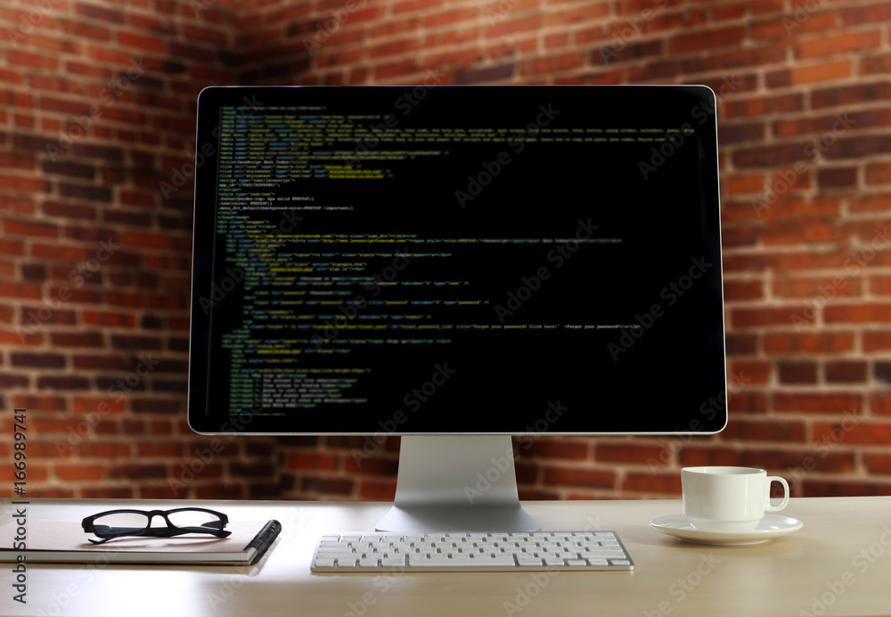 Fototapete Developer Team Working Laptop Computer Mobile Application Softwareand Web Design Online Technology Content script to display