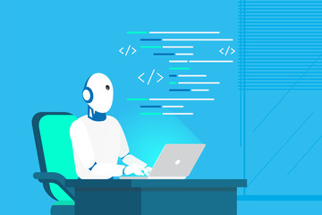 Robot online assistance and machine learning. Flat vector illustration of futuristic robot working with laptop for coding or developing project. Chatbot texting and supporting customers in live chat