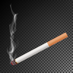 Realistic Cigarette With Smoke Vector. Isolated Illustration. Burning Classic Smoking Cigarette On Transparent Background.