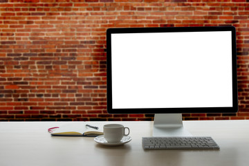 Fototapeta premium Workspace background new project on laptop computer with blank copy space screen for your advertising text message Laptop with blank screen on table.